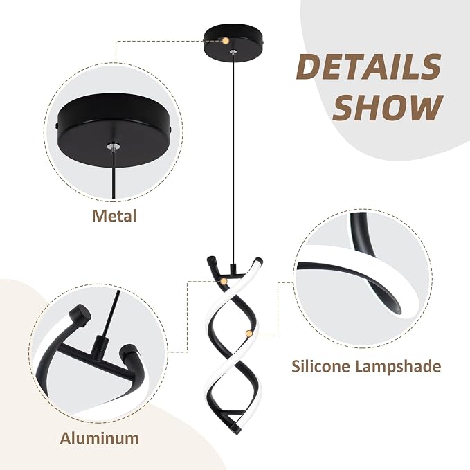 CANEOE Spiral Led Pendant Light Fixture,15W 6000K Modern Integrated LED Hanging Lamp, Adjustable Height Black Kitchen Island Light Fixture for Dining Room Bedroom Kitchen Sink, 1 Pack (Black)