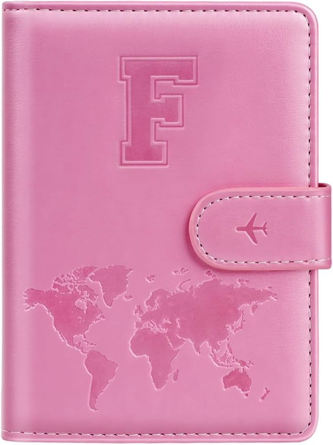 Passport Holder Cover Initail Letter A-Z Travel Wallet Embossed Design RFID Blocking Card Holder Personalized Gift Passport Cover Wallet, Passport Book Holders for Women and Girls, Pink-F
