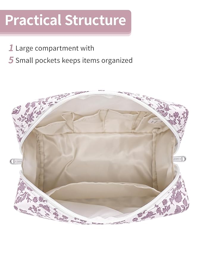 Narwey Cute Floral Makeup Bag Travel Cosmetic Bag Organizer Toiletry Bag Make Up Bags with Organized Pocket for Women Girls (Large,Dusty Pink Flower)