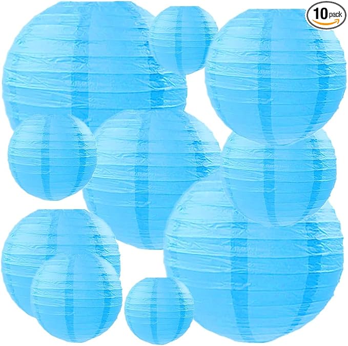 Folding Round Paper Lantern Reusable Chinese/Japanese Style Hanging Ornament Lamp Cover for Garden Birthday Party Decoration Supplies(Blue,10pcs Assorted Sizes)