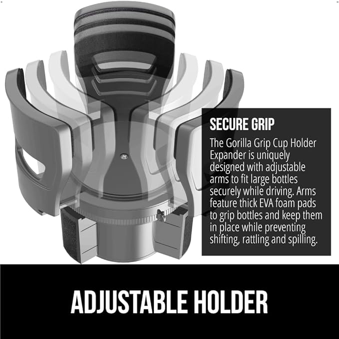 GORILLA GRIP Patent Pending Adjustable Car Cup Holder Expander, Keeps Water Bottle Secure, Expands to Fit 18 to 48 oz Large Bottles, Yeti, Owala, Stanley with Handle, Coffee Mug Insert for Cars, Gray