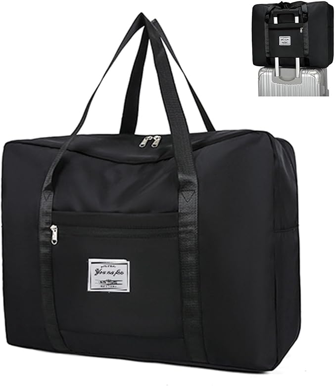 19" Travel Duffel Bag, Large Weekender Bag for Women Men, Expandable Personal Item Bag for Airlines, Water Resistant Carry On Bag with Trolley Sleeve for Gym, Overnight, Hospital (Black)