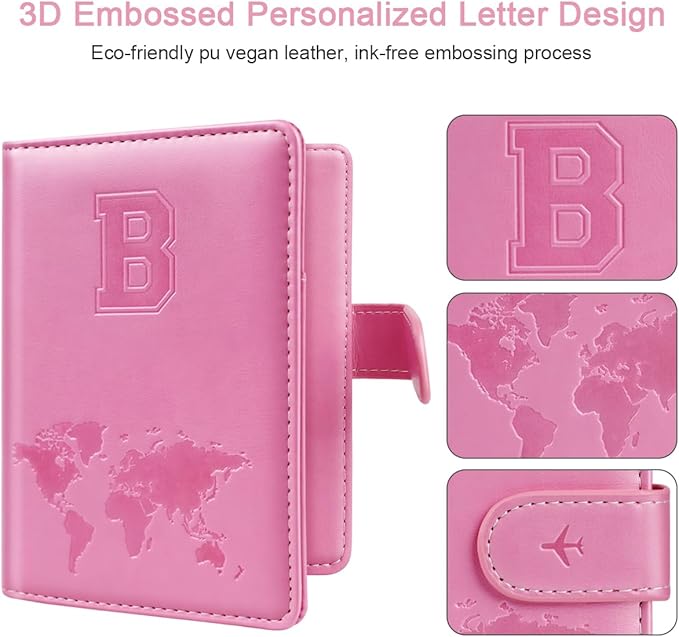 Passport Holder Cover Initail Letter A-Z Travel Wallet Embossed Design RFID Blocking Card Holder Personalized Gift Passport Cover Wallet, Passport Book Holders for Women and Girls, Pink-B