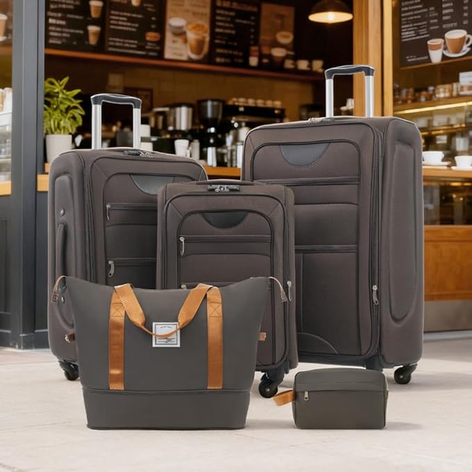 Brown 5 Piece Softside Luggage Sets, Expandable Lightweight Suitcase Sets Double Softshell Spinner Wheels Travel Luggage Set for Women and Men