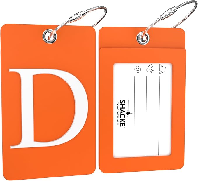 Shacke Luggage Tag Initial – Fully Bendable Tag w/Stainless Steel Loop - Orange (Letter D)