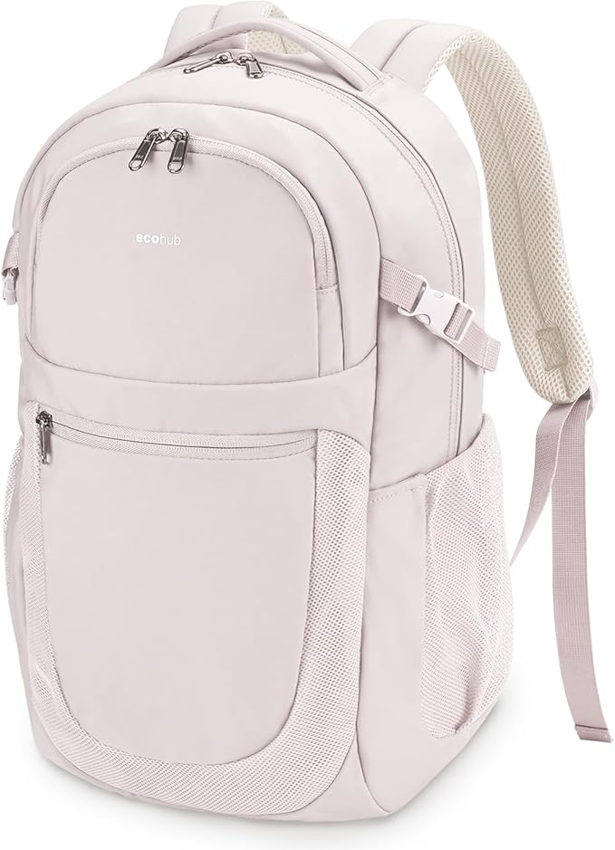 ECOHUB Travel Backpack for Women, 17.3 inch Suspended Laptop Backpack, Fashion Slim Water-Resistant College Computer Bookbag, 28L Personal Item Bag with 12 Pockets for Causal, Work, Beige