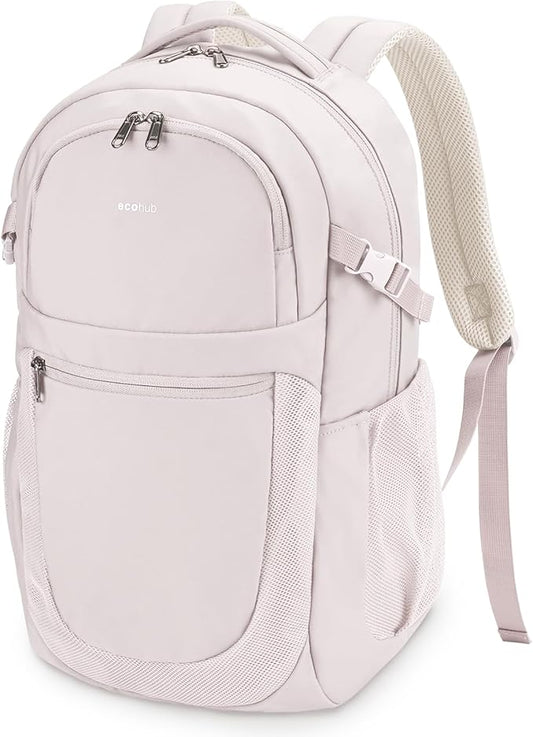 ECOHUB Travel Backpack for Women, 17.3 inch Suspended Laptop Backpack, Fashion Slim Water-Resistant College Computer Bookbag, 28L Personal Item Bag with 12 Pockets for Causal, Work, Beige