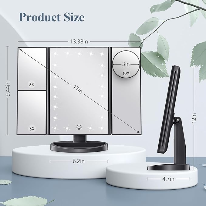 HUONUL Makeup Mirror, Vanity Mirror with Lights, 2X/3X/10X Magnification, Touch Control, Trifold, Dual Power Supply, Valentines Day Gifts for Her,Gifts for Women, Wife, Mom, Girls,Dorm Room Essentials