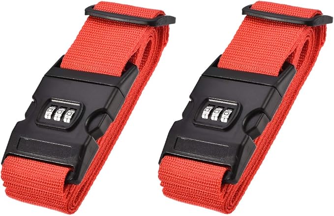 uxcell Luggage Straps Suitcase Belts with Buckle, Combination Lock, 2Mx5cm Adjustable PP Travel Packing Accessories, Red 2Pcs