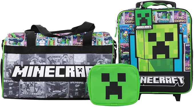 Bioworld Minecraft Creeper Youth 4-Piece Travel Set-14 Carry-on Duffle Bag and Luggage Tag Set
