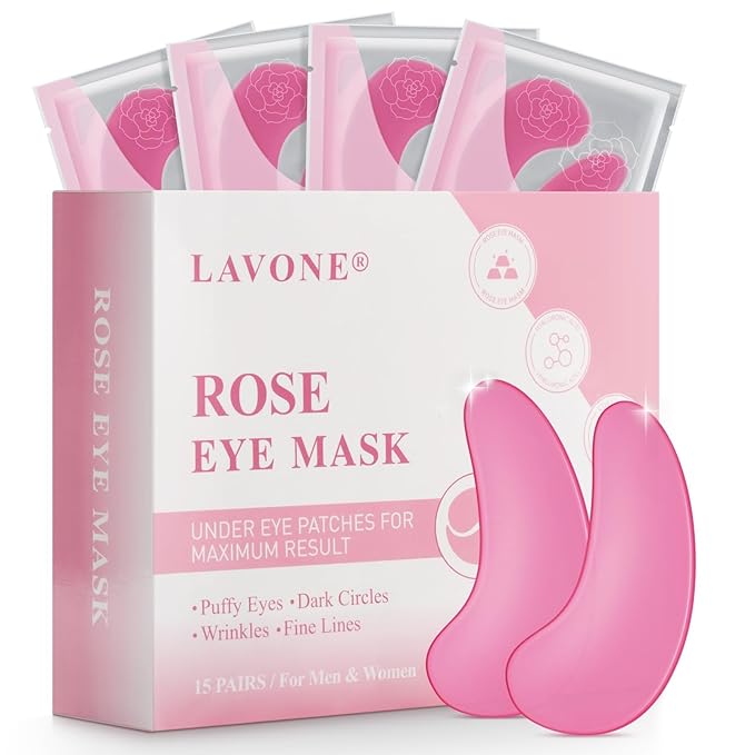 LAVONE Eye Mask - 15 Pairs Rose Under Eye Patches Skin Care Products - Eye Masks Skincare for Dark Circles and Puffiness, Reduce Wrinkles, Eye Bags and Fine Lines, for Women and Man - Pink