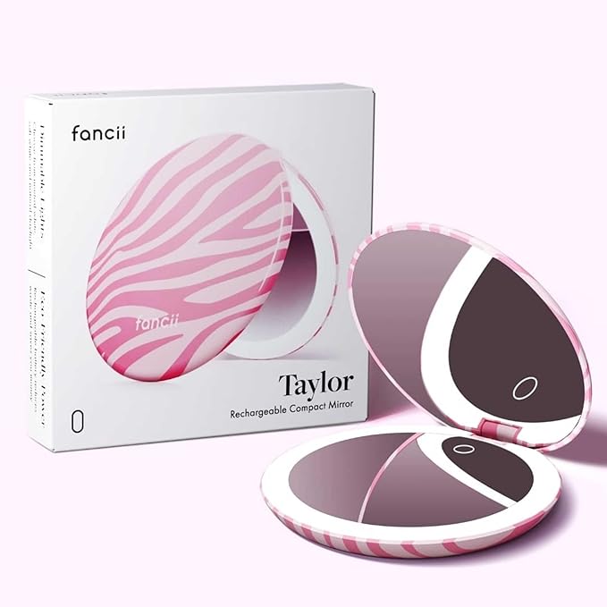 Fancii Taylor LED Lighted Travel Makeup Mirror, Rechargeable, 10x /1x Magnifying, Tru-Glow Lighting System, XL Large 5” Wide | Compact Mirror for Purses (Blush Zebra)