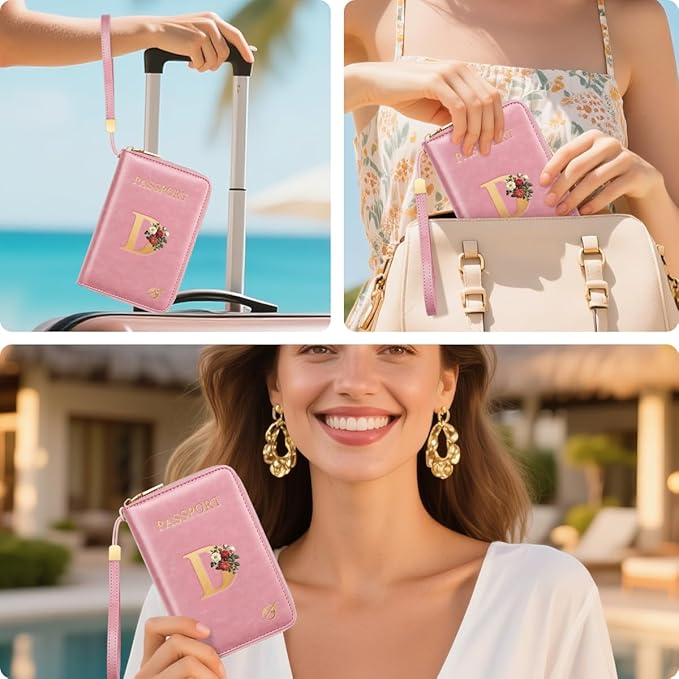 Passport Holder for Travel Personalized Passport Holder Initial Letter Rose Flower RFID Blocking Travel Wallets Credit Cards Holder for Women Men, Pink D