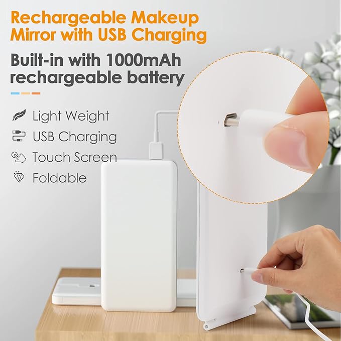 DenCert Rechargeable Travel Makeup Mirror 72 LED Lighted Compact Slim Vanity with Lights 3 Lighting Modes Dimmable Touch Screen (White),(DenCert)