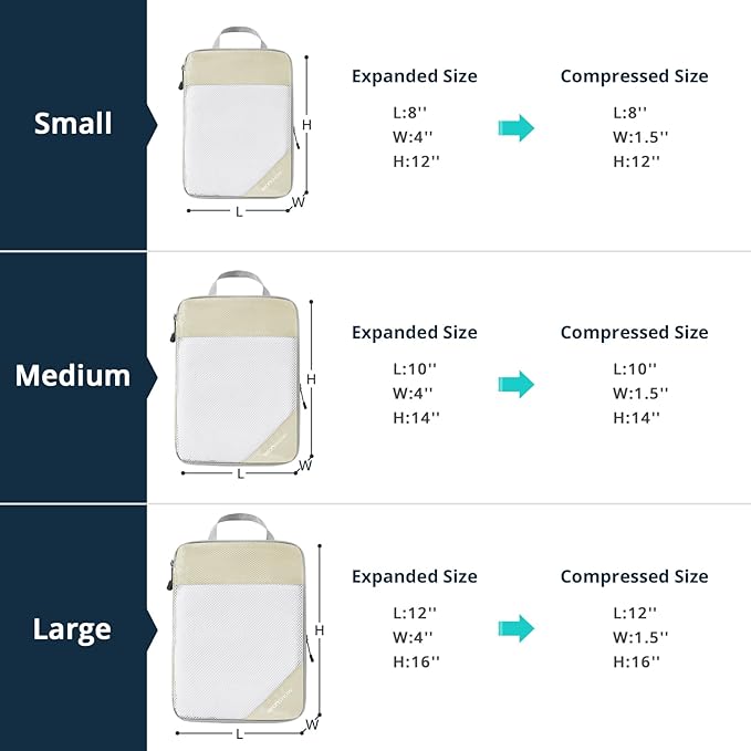 9 Set Compression Packing Cubes for Travel - Compressible, Lightweight, and Space-Saving Packing Cubes, Travel Essentials for Women, Beige