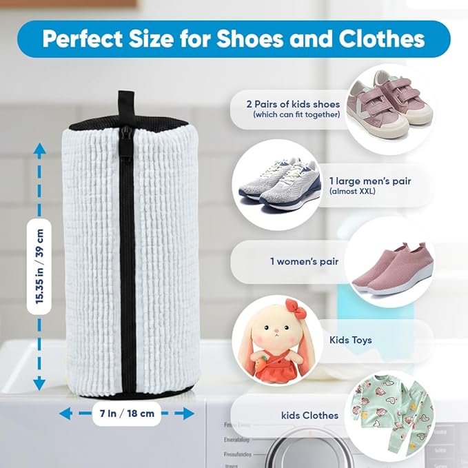 Shoe Washing Machine Bag –2 Pcs Reusable Laundry Shoe Bag with Brush & Shoe Trees, 360° Deep Cleaning Sneaker Washing Machine Bag, Fits All Shoe Types & Sizes (Yellow, 14.8 × 7.4 Inches) (2PCS White)