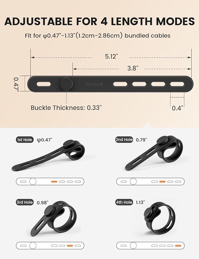Lamicall 10Pack Silicone Cable Ties Cord Organizer - Durable Reusable Wire Management Wrap with Lock Buckle, Elastic Charger Cable Strap Ties, Electrical Cord Keeper for Travel, Home Accessories