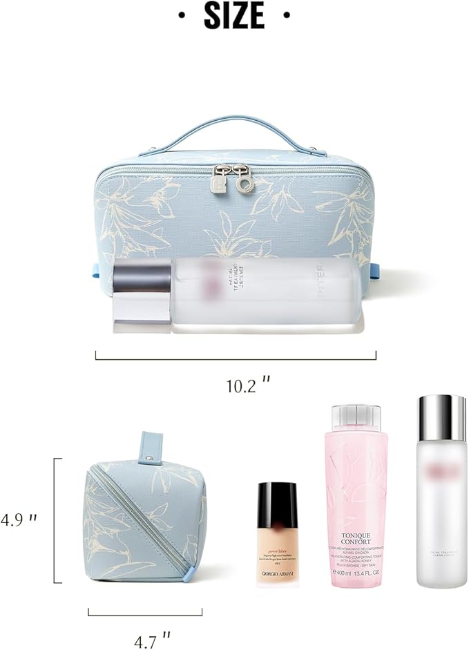 EACHY Travel Makeup Bag,Large Capacity Cosmetic Bags for Women,Waterproof Portable Pouch Open Flat Toiletry Bag Pattern Makeup Bag (F-Blue-Large)