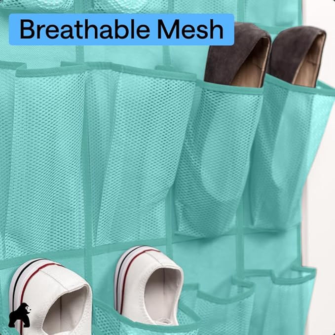 GORILLA GRIP Over the Door Shoe Organizer, 24 Large Breathable Mesh Pockets, Space Saving Hanging Storage Holder, Closet Rack Hanger Holds Up to 40 lbs, Hangs on Closets, Shoes, Accessories, Turquoise