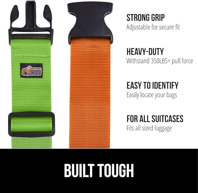 GORILLA GRIP Heavy Duty 4 Pack Adjustable Luggage Straps for Suitcases, Easy to Identify Travel Belt Connector Holds Suitcase Together, Extends Life of Bag, Strap Connects Two Bags, Green and Orange