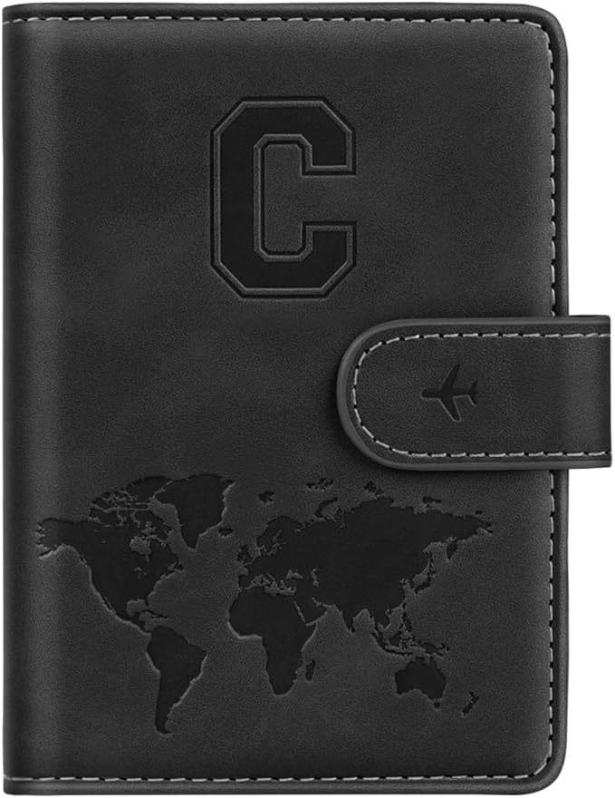 Passport Holder Wallet Cover Personalized Letter A-Z Travel Wallet RFID Blocking Passport Cover Wallet Case for Travel Passport Book Holders for Women and Men, Black-C