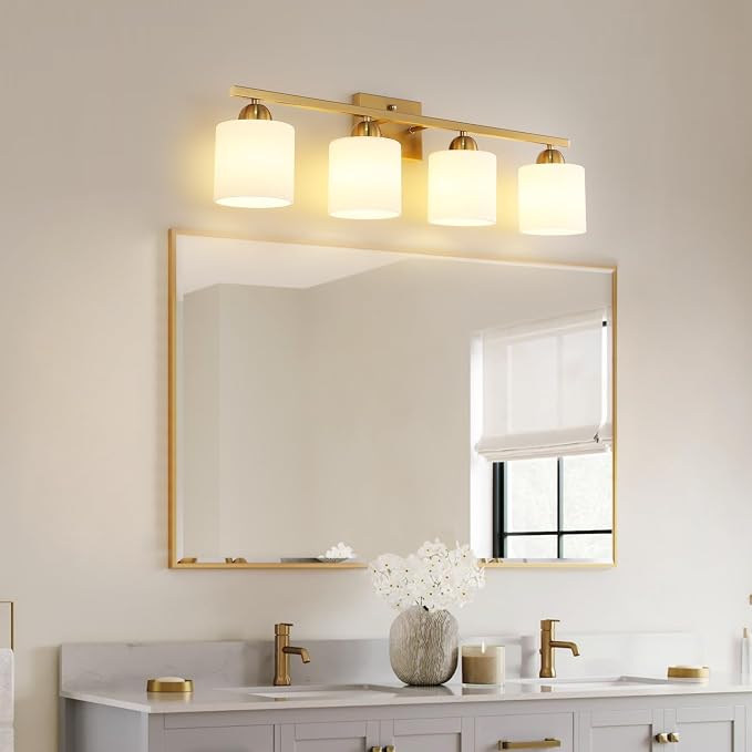 Mecgirn Stainless Steel Milk Glass Vanity Lights for Bathroom, 4 Light Gold Bathroom Light Fixtures Over Mirror, Ceramic E26 Sockets Wall Mounted