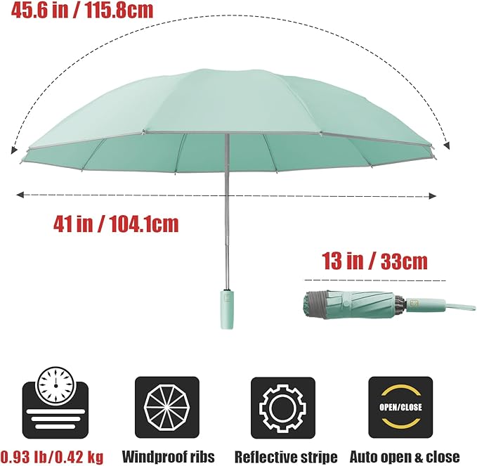 Fogkey Large Windproof Travel Umbrella, Portable Reverse Folding Car Umbrella, Compact Inverted Design with Waterproof Canopy, Automatic, 10 Durable Ribs, 45.6/13 Inch, Fits Backpack