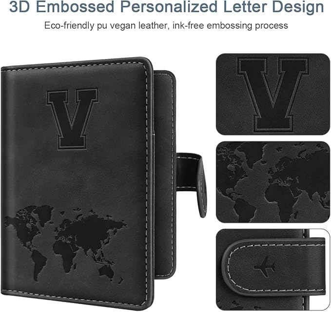 Passport Holder Wallet Cover Personalized Letter A-Z Travel Wallet RFID Blocking Passport Cover Wallet Case for Travel Passport Book Holders for Women and Men, Black-V