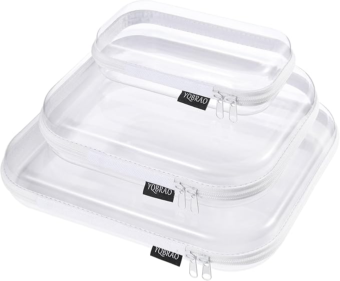YQBRAO Hard Sided Clear Zipper Case for Storage- Professional-Grade Plastic Clear Zipper Pencil Case,Toy Storage Bins, Toiletry Pouch, Travel Organizer, Cosmetic Bag（White,3 Pack, LMS）