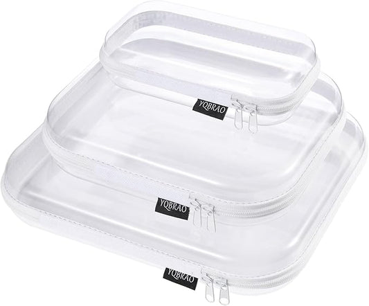 YQBRAO Hard Sided Clear Zipper Case for Storage- Professional-Grade Plastic Clear Zipper Pencil Case,Toy Storage Bins, Toiletry Pouch, Travel Organizer, Cosmetic Bag（White,3 Pack, LMS）