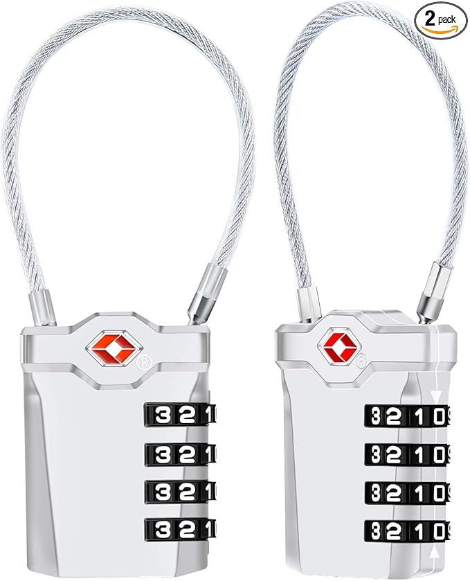 2 Packs TSA Luggage Locks with 14cm Flexible Cable, Diyife 4-Digit Combination Travel Lock Security Padlock for Suitcase Luggage Backpack School or Gym Cabinet, etc. (Silver)