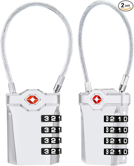 2 Packs TSA Luggage Locks with 14cm Flexible Cable, Diyife 4-Digit Combination Travel Lock Security Padlock for Suitcase Luggage Backpack School or Gym Cabinet, etc. (Silver)