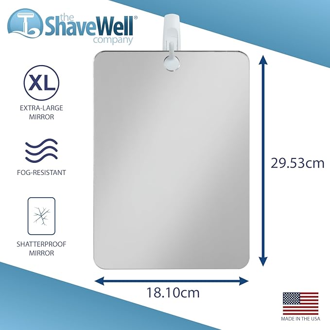 Shave Well XL Anti-Fog Shaving Mirror | X-Large Fogless Hanging Bathroom Shower Mirror with Handheld Option for Men and Women | Includes Long-Lasting Removable Adhesive Hook for Wall