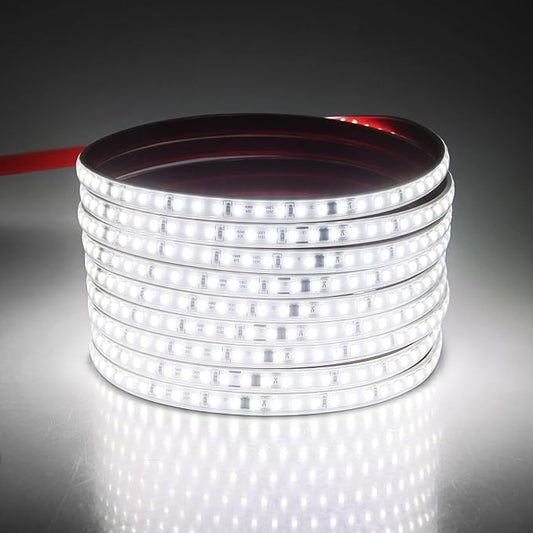Aclorol 5M Outdoor Led Strip Lights Waterproof AC 110V-130V Flexible LED Rope Lights Outdoor Cool White 6000K Cuttable LED Lights String for Garden Patio Indoor Decorative Lighting 120LEDs/M 16.4FT
