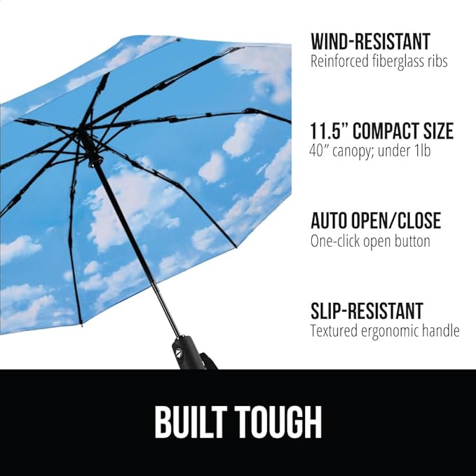 GORILLA GRIP Strong Windproof Stick Compact Umbrella for Rain, One-Click Automatic Open and Close, Durable Quick Dry Waterproof Material, Lightweight and Portable, Travel Size Fits Backpack, Sky Blue