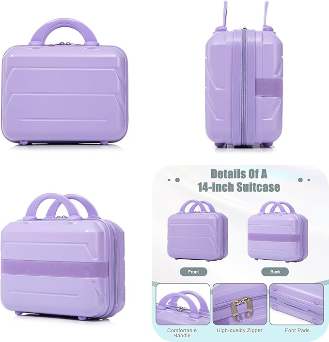 2-Piece ABS Hard Shell Lightweight Carry-On Luggage Set (14" & 20"), 360-Degree Spinner Wheels, Adjustable Telescopic Handle and Combination Lock for Travel, Purple
