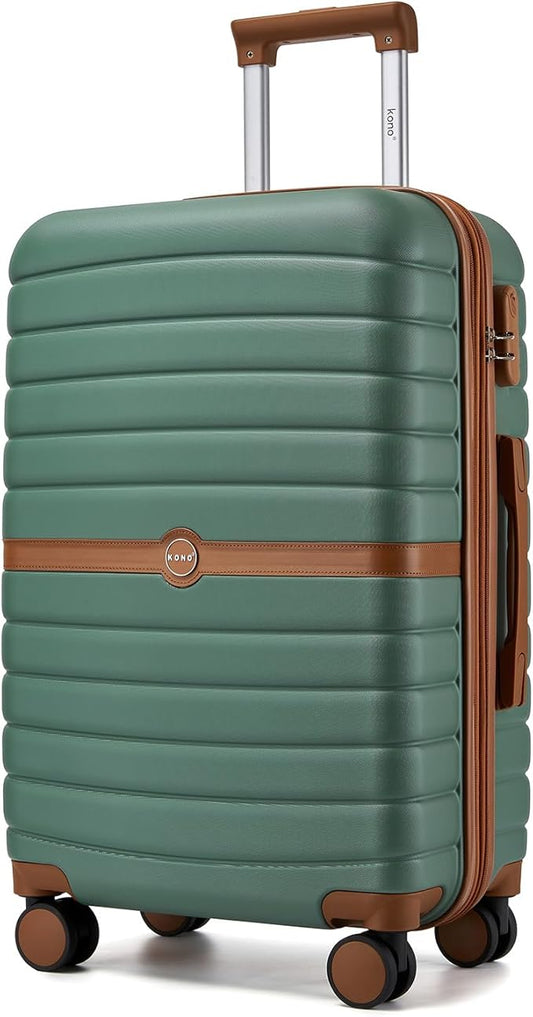 Kono Expandable 24 Inch Luggage with Spinner Wheels, Medium Checked Luggage with Lock, Lightweight & Anti-Scratch PC+ABS Hardshell Travel Suitcase, Green/Brown