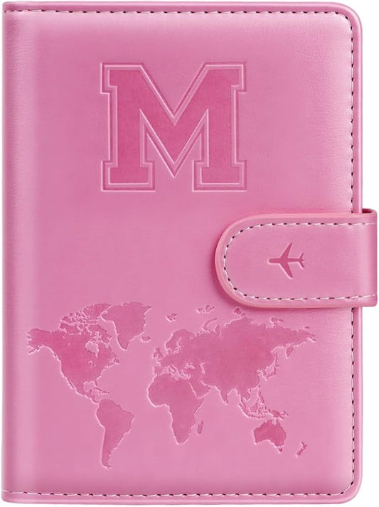 Passport Holder Cover Initail Letter A-Z Travel Wallet Embossed Design RFID Blocking Card Holder Personalized Gift Passport Cover Wallet, Passport Book Holders for Women and Girls, Pink-M