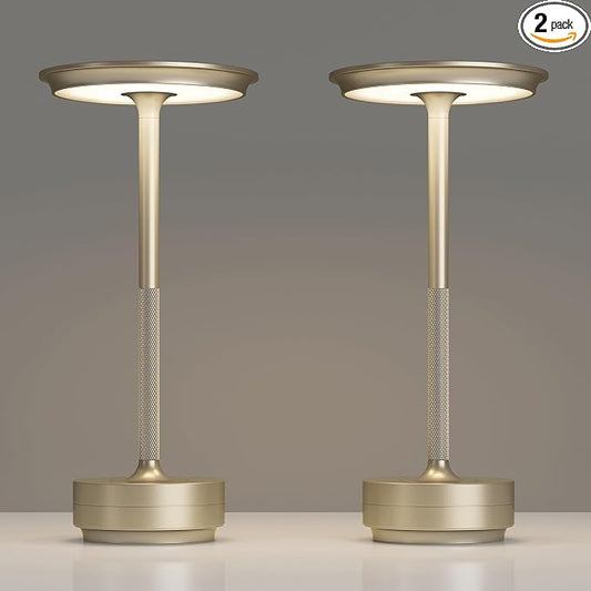 TBBGA 2 Pack Rechargeable Table Lamps Cordless, 5000mAh Outdoor Table Light | 3 Color Stepless Dimming Portable LED Table Lamp with Memory Function, for Home/Dinner/Patio/Restaurant.(Champagne Gold)