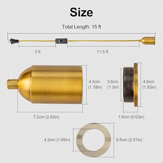 Plug in Pendant Light Cord 15FT Gold, Hanging Lamp Kit with Switch | Woven cloth cord, ceramic E26 socket, brushed aluminum shell, inline switch, fits most compatible shades