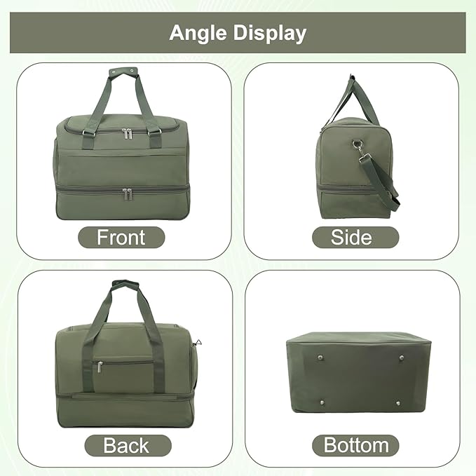 Carry On Travel Duffel Bag for Women & Men,Overnight Weekender Bag with Shoe Compartment,Trolley Sleeve and Adjustable Shoulder Strap,Business & Weekend Travel,Gym,Sports,Yoga & Dance (Green)