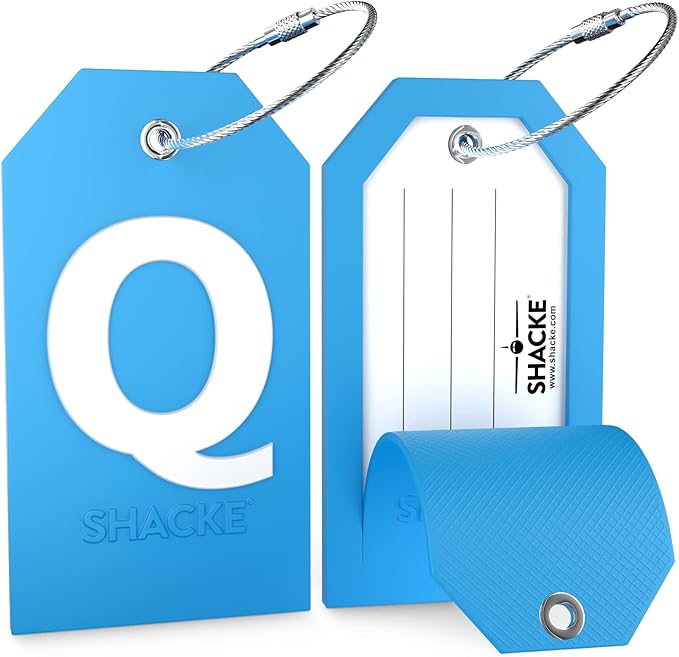 Shacke Initial Luggage Tag with Full Privacy Cover and Stainless Steel Loop - Aqua Teal (Letter Q)