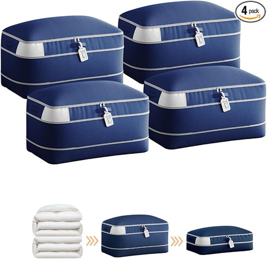 Compression Storage Bags for Comforters - 4 Pack Long Large 100L Compression Bags, 3-Layer Washable Ultra Space Saving Self Comforter Storage Bag for Blankets, Sheets, Clothes, Navy Blue