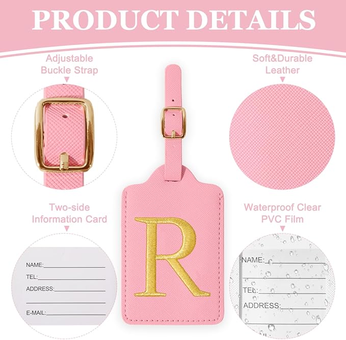 Personalized Initial Luggage Tags for Suitcases,Leather Letter Cute Luggage Tags with Privacy Name Card,Embroidered Monogrammed Travel Bag Backpack Tag Gifts for Women Kids Girls Teens(Pink-R)