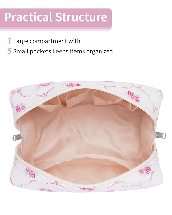 Narwey Makeup Bag Travel Cosmetic Bag Organizer Toiletry Bag Make Up Bags with Compartments for Women Girls (Bowknot and Flower)