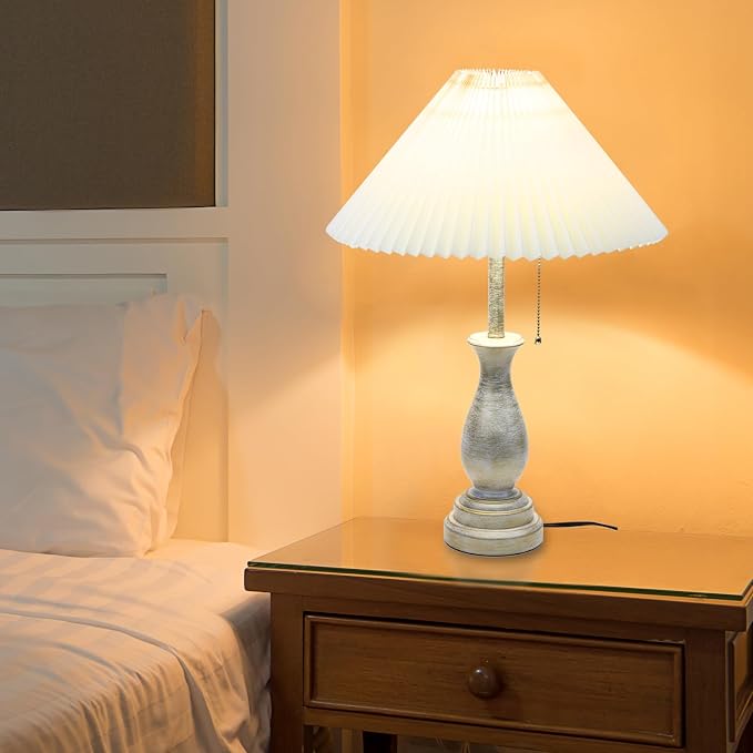 Farmhouse Table Lamp with Pull Chain Switch Control 3-Way Dimmable Table Lamp, Modern Nightstand Lamp Bedside Desk Lamp with Fabric Shade for Living Room Bedroom Hotel (Pack 1-Folding lampshade)