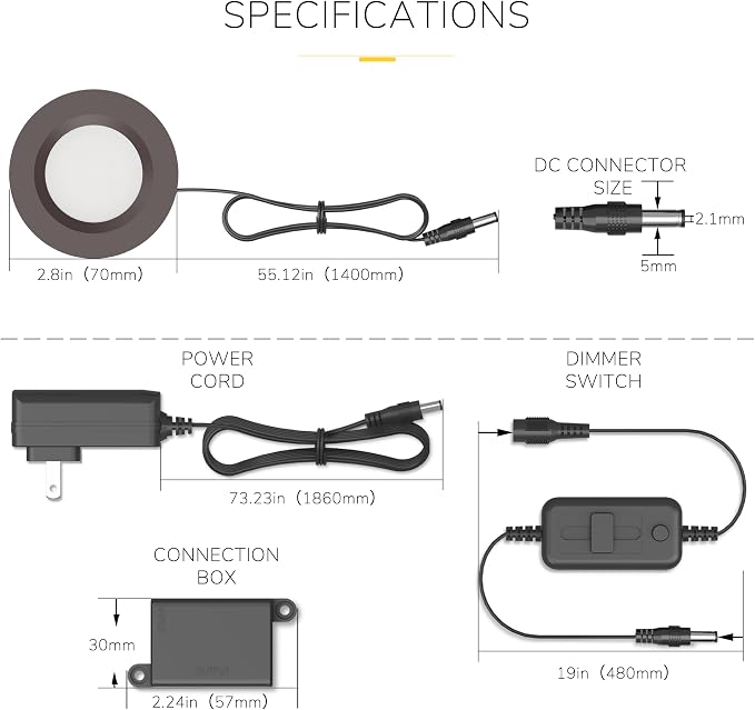 GETINLIGHT 2.75-Inch LED Puck Light Kit, 3-Pack, Plug-in, 3000K, Bronze | Warm white light, 12V plug-in kit with in-line dimmer, recessed/surface mount. Model: IN-0102-3-BZ