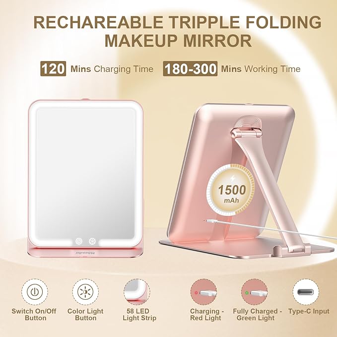 Mocado Travel Makeup Mirror with Light, Tripple Folding Vanity Mirror with Lights, 3 Colors Lighted Makeup Mirror, 1500mAh Rechargeable, Memory Function, Freely Adjust Height and Angle(Rose Gold)