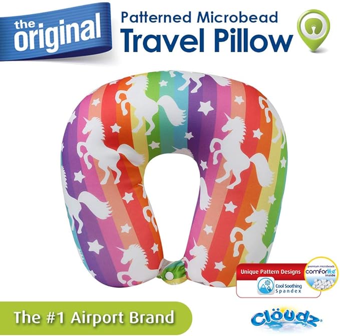 Cloudz Patterned Microbead Airplane Travel Neck Pillow. Customize Your Comfort and Support While Traveling on a Plane, Car, Bus or Train! - Unicorn