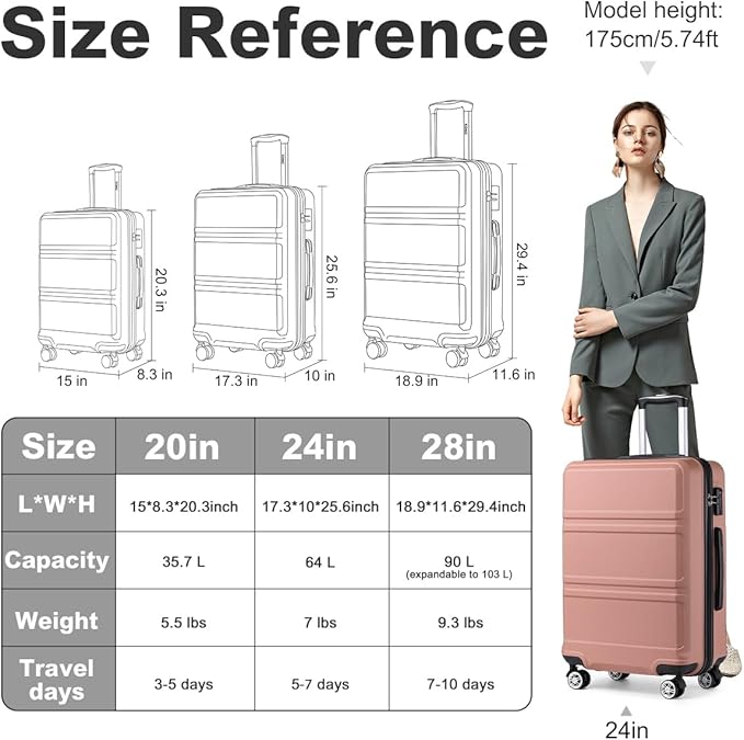 Kono 24 Inch Luggage Suitcase with Spinner Wheels TSA Lock Lightweight PC+ABS Hardside Medium Checked Luggage Durable Rolling Suitcase Nude/Rose Pink